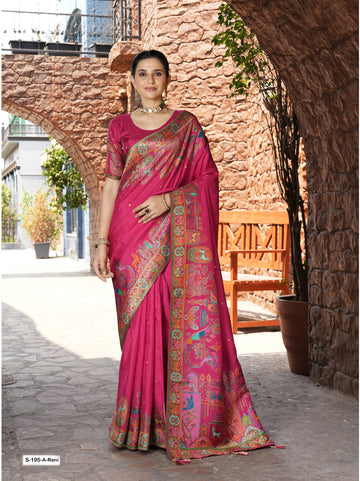 Elegant Rani Pink Dola  Saree with Rich Multicolor Pallu & Blouse – S-195-A-Rani